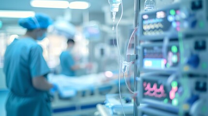Blurry hospital scene with medical equipment, nurses attending to patient, cool blue tones