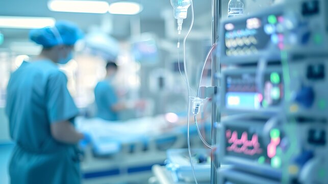 Blurry hospital scene with medical equipment, nurses attending to patient, cool blue tones