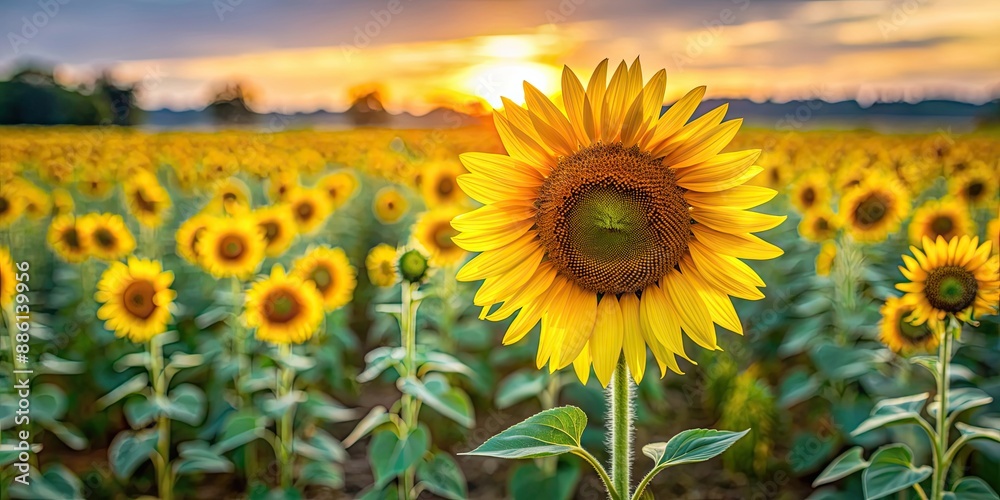 Wall mural Field of sunflowers with a single sunflower in the foreground, sunflowers, field, nature, yellow, flowers, bloom, summer