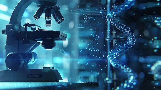 A scientist is working in the laboratory. Microscopic DNA and microscope in the style of lab. DNA hologram using a virtual screen to show medical data chart. Medical health concept. Medical background