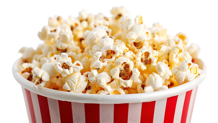 Popcorn in red and white paper bucket isolated on transparent background.
