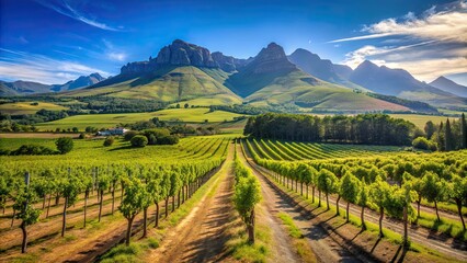 Fototapeta premium A scenic wine vineyard in Stellenbosch, Cape Town on a sunny day , wine, vineyard, Stellenbosch, Cape Town, sunny