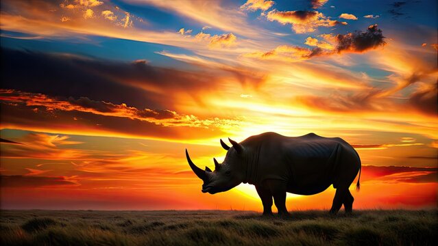 Rhino standing majestically with a large horn silhouetted against a vibrant sunset , wildlife, animal, mammal, horn, rhinoceros