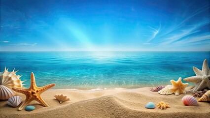Blue marine theme stage background with sea and beach items surrounded, beach, sea, ocean, blue, marine life, starfish, seashells