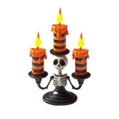 Fototapeta premium Candlestick in shape of skeleton and burning black and orange striped candles isolated on PNG background. Generative AI.
