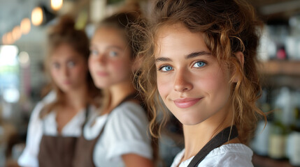 Fototapeta premium Woman looking directly at the camera with a gentle smile. The woman in the middle has wavy brown hair and is wearing a similar white shirt with a brown apron. The woman on the left is slightly blurre