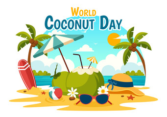 Obraz premium World Coconut Day Vector Illustration on September 2nd featuring Flowers, Tropical Leaves, and a Beach Background in Flat Style Cartoon Design