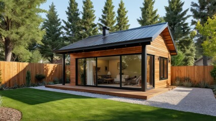 Obraz premium Modern Wooden Cabin with Patio.