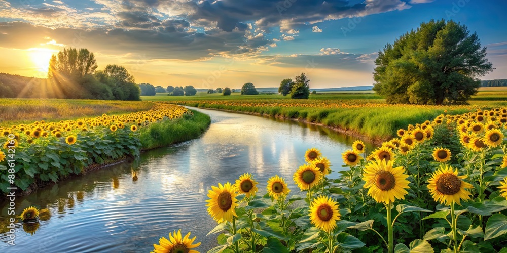 Wall mural Picturesque river flowing through a field of sunflowers with golden petals against blue water, river, sunflowers, field, golden