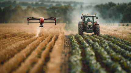 Highlighting agricultural robotics: a crop-spraying drone and an autonomous tractor plowing side by side.

