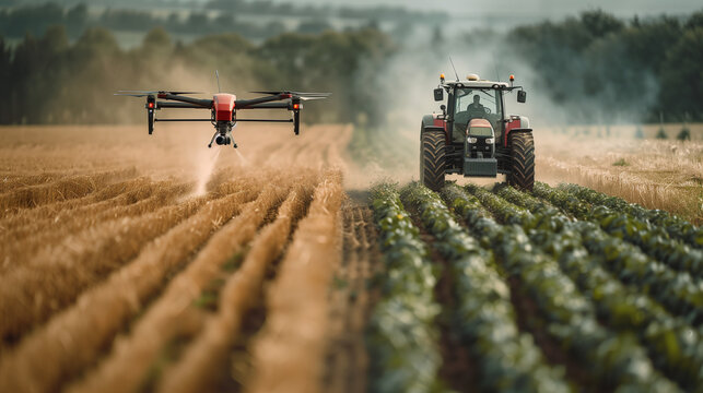 Highlighting agricultural robotics: a crop-spraying drone and an autonomous tractor plowing side by side.

