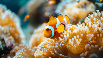 Nemo clownfish in the sea anemone. Sea anemones can create a safe home that protect clownfish from being attacked by other fish. And clownfish will clean the anemones by eating their waste.