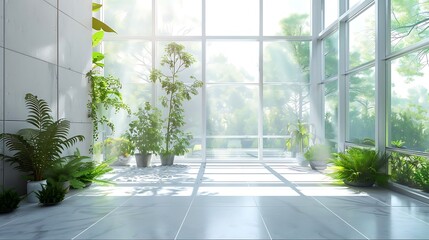 3D Illustration of a Modern Room with Large Windows and Lush Greenery