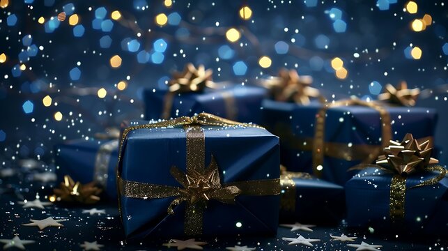 Ultra HD image of blue wrapped gifts with elegant golden ribbons, on a midnight blue background with glowing white stars, classic style