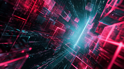 Fototapeta premium An abstract background with lights. Neon purple squares background. Futuristic grey and purple digital background. Glowing cubicles in grey and pink colors.