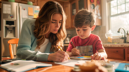 Fototapeta premium Mother Helping Young Son with Homework at Kitchen Table