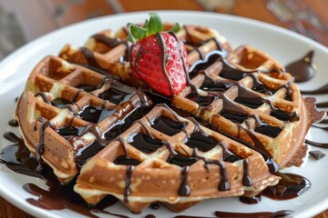 Freshly made waffle covered in chocolate syrup and topped with a strawberry being served on a white plate