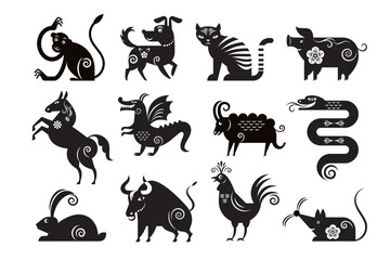 Chinese Zodiac Animals Set,  symbols of Chinese zodiac horoscope, black and white illustrations of animals