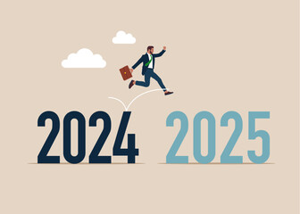 Change to new business bright future, overcome business difficulty. Businessman jump over year gap from 2024 to 2025. Flat vector illustration