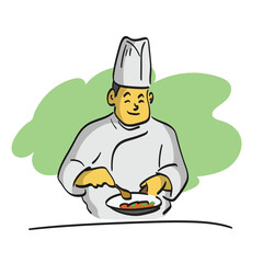male chef wearing a white uniform and wearing a hat cooking food illustration vector isolated on white background