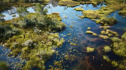 Capture an aerial view of wetlands with a time-lapse effect, showing the dynamic changes in water levels and vegetation growth throughout the year