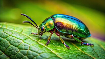 Fototapeta premium Beetle resting on a vibrant green leaf, insect, macro, nature, wildlife, beetle, leaf, green, close-up, small