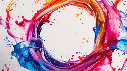 Obraz premium Abstract Circle Liquid Motion Flow Explosion with Curved Wave Colorful Pattern and Paint Drops on White Background - Generative AI