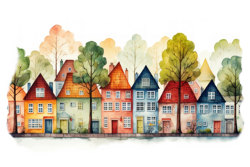 PNG watercolor illustration of a community, isolated on a white paper background, isolated