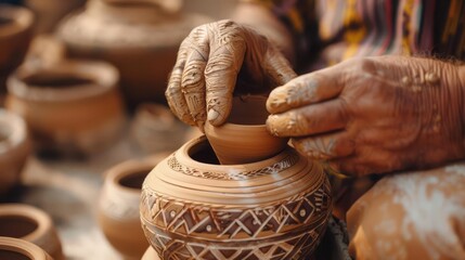 Close-up of an artisan molding clay with hands, creating pottery with intricate patterns in a rustic studio setting.