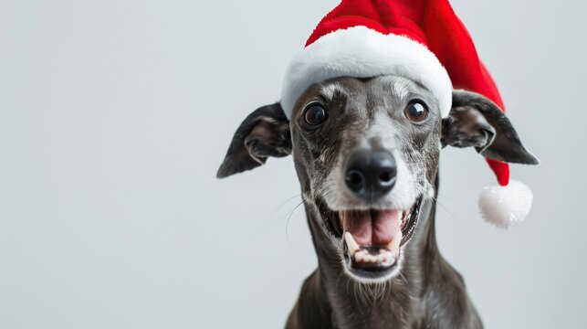 Grey hound wearing Christmas hat, on grey background. Festive vibe