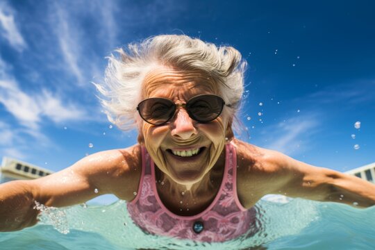 Senior 68-year-old Caucasian woman swimming in an outdoor pool on an extremely hot day