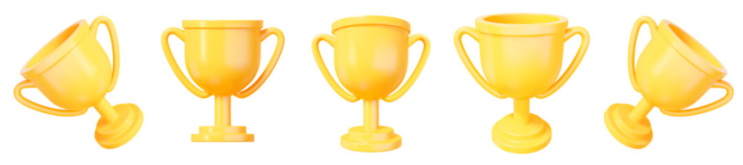 3d set of realistic yellow trophy cup with different angles. Stock vector illustration on isolated background.	