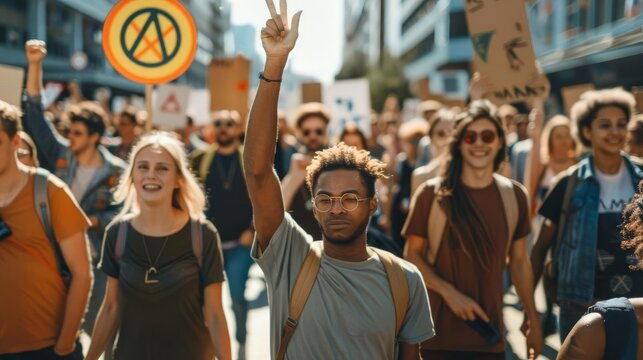 Diverse group of people participating in a peaceful protest, holding signs and demonstrating unity and social activism on a sunny day.