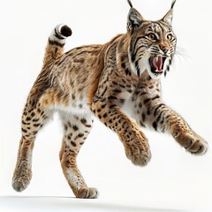 Obraz premium Portrait of a fierce lynx in midstride displaying its sharp teeth and tufted ears
