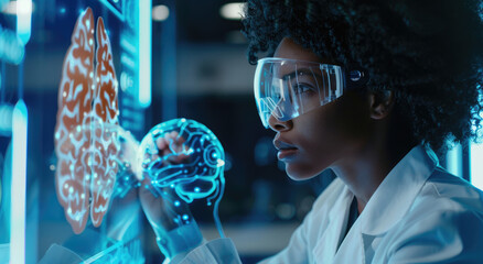 A young black woman scientist wearing protective glasses is looking at holographic representation of the human brain, with glowing lines and futuristic interface