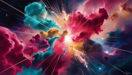 A mesmerizing desktop background wallpaper that combines the beauty of a cosmic landscape with an explosion of colors. Clouds of gas and dust in shades of magenta, turquoise, gold, and indigo. 