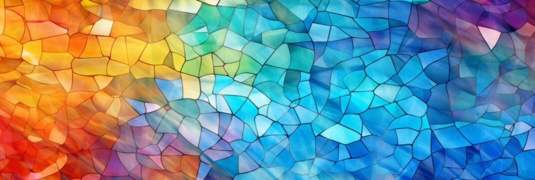 mosaic with a blue, green, yellow, orange, and red color scheme