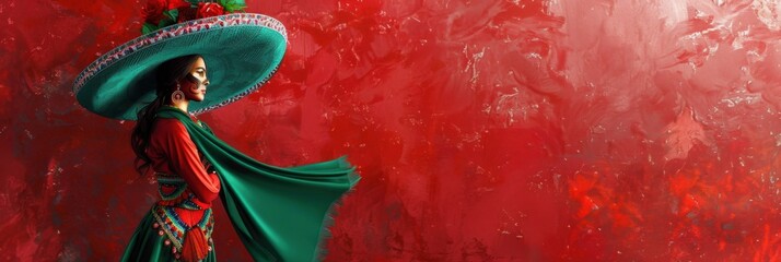 Mexico Independence Day. Horizontal banner. Woman in national clothes and sombrero on a red background. Free space for text. Banner, Poster, Greeting Card