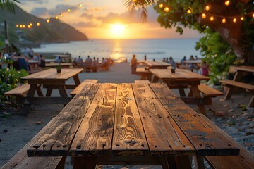 Fototapeta premium Sunset Beachside Dining: Scenic Oceanfront View with Picnic Tables and String Lights for Summer Relaxation