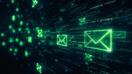 Obraz premium Digital Email Icons in Futuristic Style, Neon Green, Communication Technology Concept