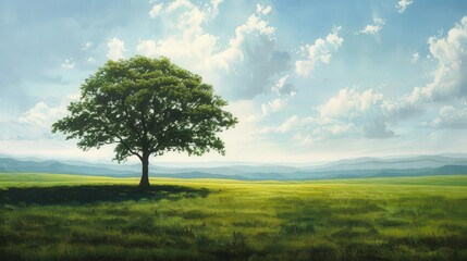 Obraz premium Craft a harmonious composition featuring a single tree in a vast meadow of lush green grass, symbolizing resilience and natural balance.