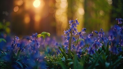 Obraz premium Bluebells flowers in full bloom in the woods, close-up view, springtime beauty