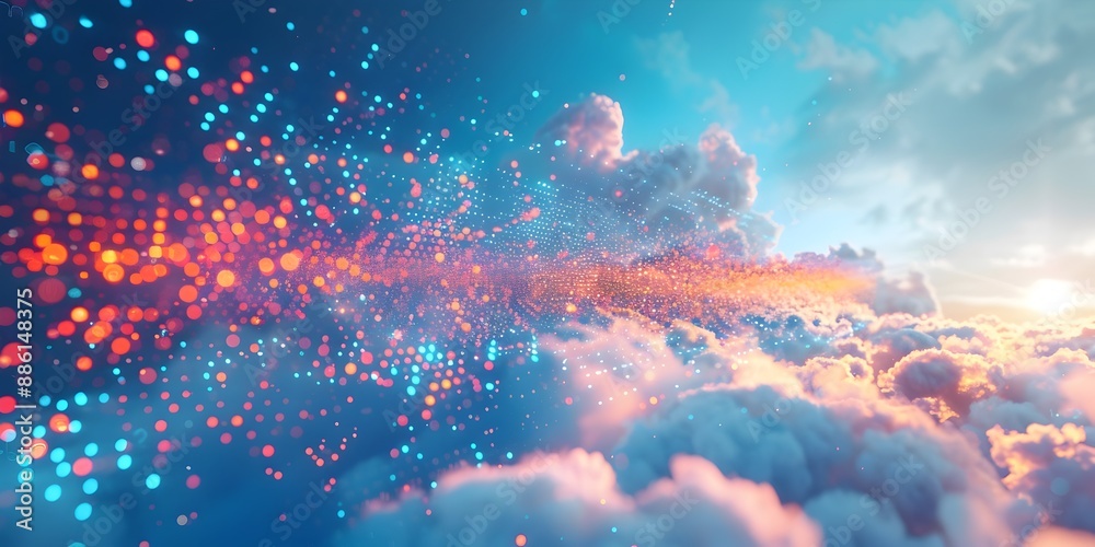 Poster vibrant digital cloud with floating data icons symbolizing modern technology and computing concepts