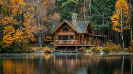 Fototapeta premium Charming log cabin by the lake, surrounded by the natural beauty of the woods