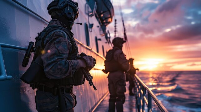Military personnel standing on a ship deck overlooking the ocean at sunset, showcasing naval operations and maritime security.