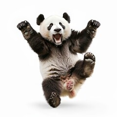 Obraz premium Playful panda cub jumps with joy and excitement