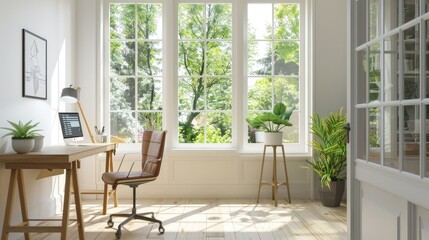 Fototapeta premium Clean and airy home office space with a minimalist desk and natural light flooding