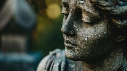 Close-up of a sad woman statue with ample copy space, emphasizing melancholy and solitude
