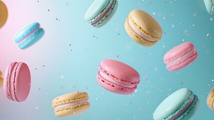 Colorful macarons flying and falling against a pastel blue and pink background