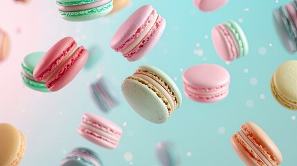 Colorful macarons flying and falling against a pastel blue and pink background
